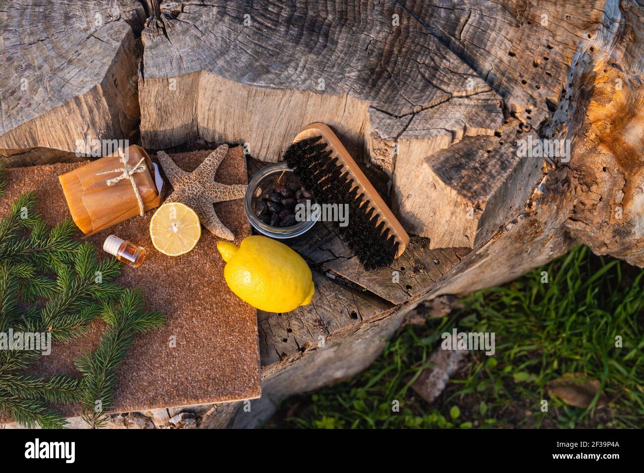 Concetto di pulizia della casa senza rifiuti. Set di utensili e prodotti ecologici per la pulizia naturale, spazzola di bambù, limone, bicarbonato di sodio. Nessuna plastica, ecocompatibile. Superiore Foto Stock