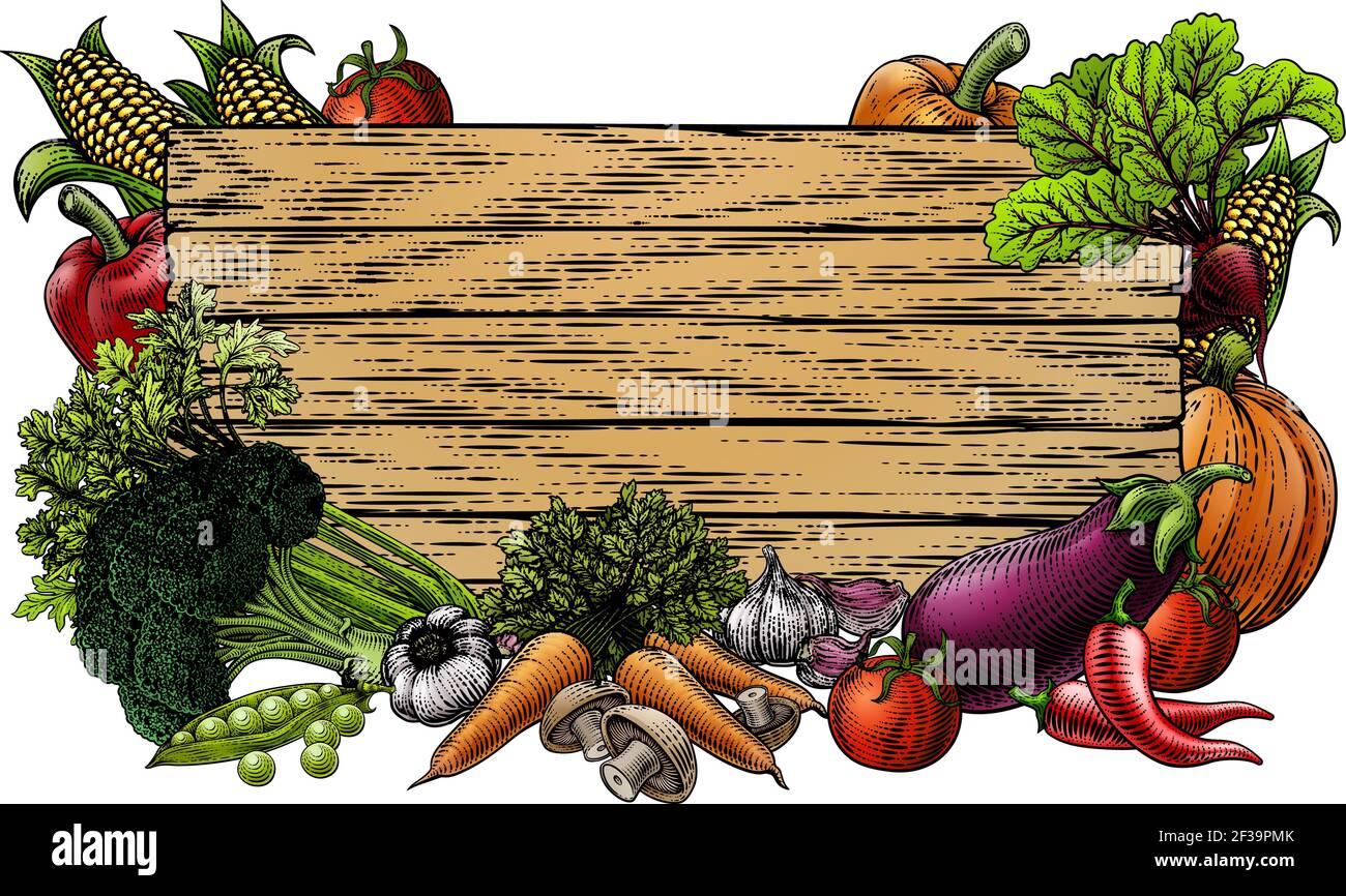 Verdure fresche Giardino prodotti bordo Woodcut segno Illustrazione Vettoriale