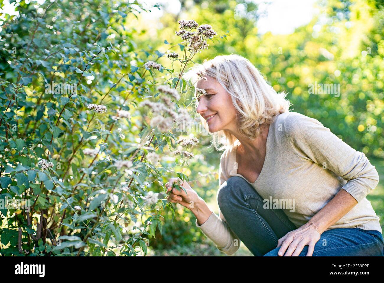 Donna matura sorridente che guarda le piante nel cortile Foto Stock