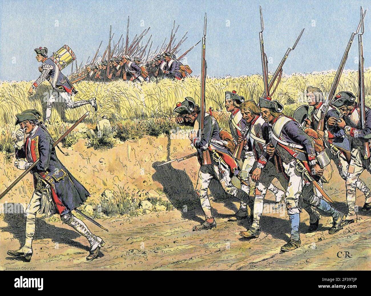 La fanteria prussiana avanzando per incontrare l'esercito russo prima della battaglia di Zorndorf 25 agosto 1758 nella foto della Guerra dei sette anni di Carl Röchling. Foto Stock