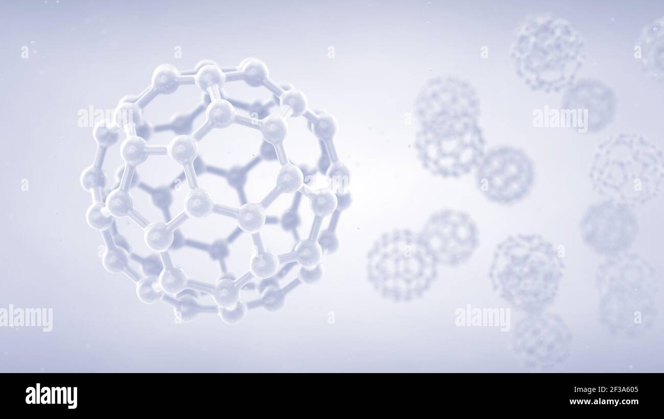 Molecole di carbon Buckyball. Struttura delle nanoparticelle fullerene. Foto Stock