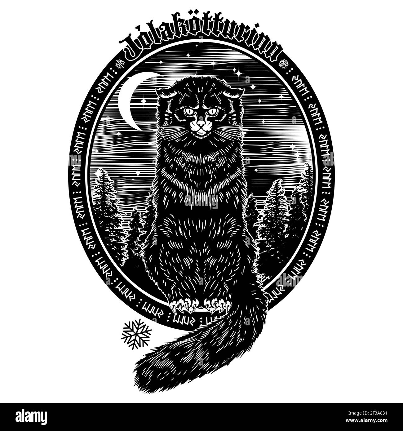 Carta di Natale, carta di Capodanno. Illustrazione per la vacanza invernale Yule. Design scandinavo. Yule Cat dalla mitologia islandese - Jolakotturinn Illustrazione Vettoriale