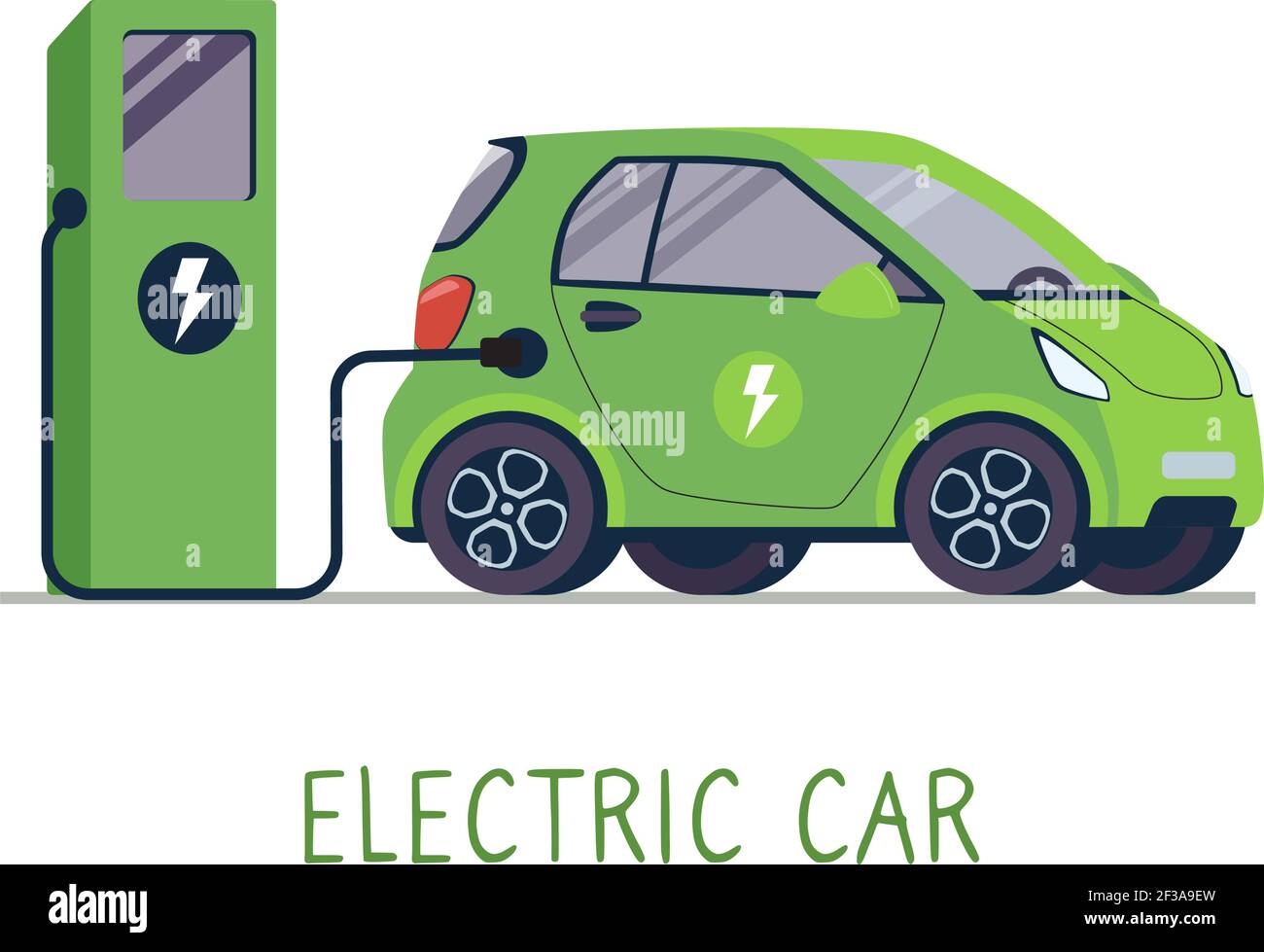 Il veicolo elettrico carica la batteria utilizzando una stazione di carica. Alternativa pulita e a basso consumo energetico all'ambiente. Illustrazione vettoriale in stile piatto su sfondo bianco Illustrazione Vettoriale
