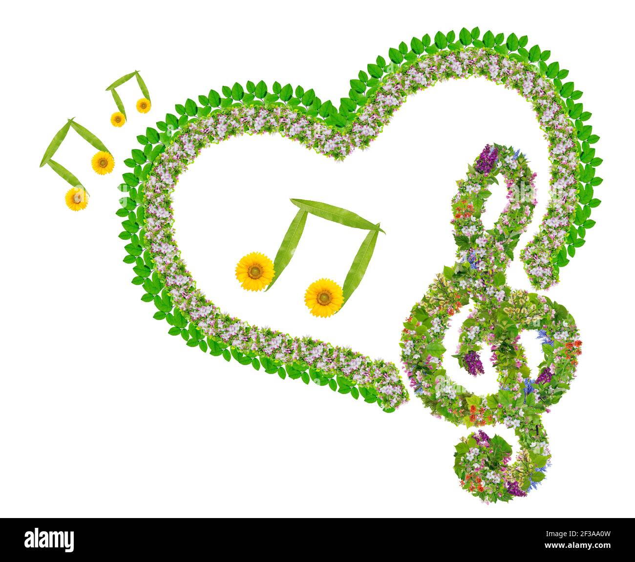 Amore primaverile e concetto musicale fatto da fiori e foglie. Isolato su collage fotografico bianco fatto a mano Foto Stock