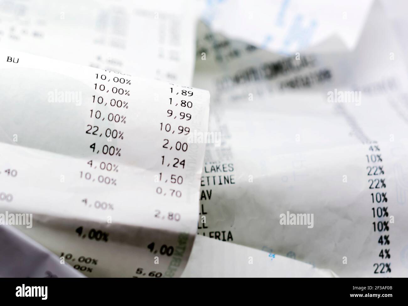una ricevuta cartacea con l'elenco delle questioni economiche. Affari ed economia. Bilancio finanziario familiare Foto Stock