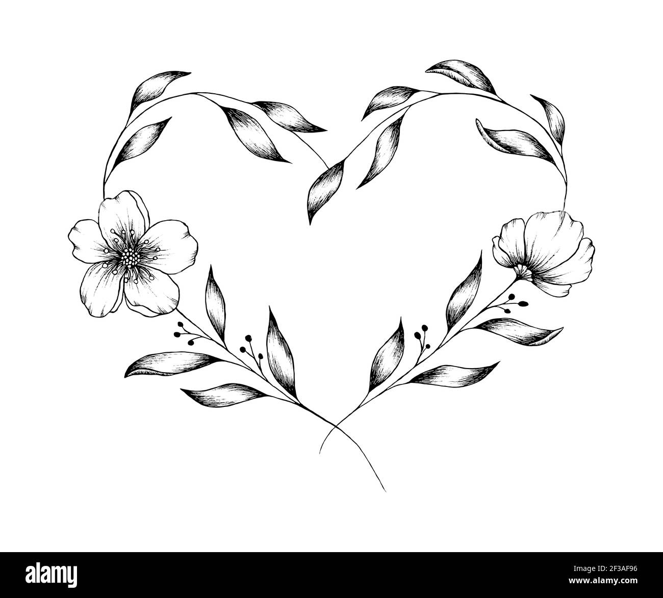 Linea art disegno floreale cuore isolato su bianco, inchiostro cuore disegnato a mano con fiori e foglie, concetto d'amore per San Valentino, giorno della madre Foto Stock