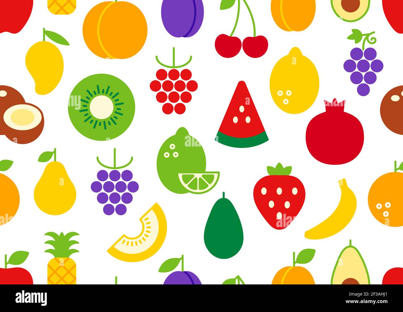 Modello vettoriale senza cuciture, texture infinita con frutti. Set di icone a colori piatti isolate. Cibo sano e vitamine Illustrazione Vettoriale