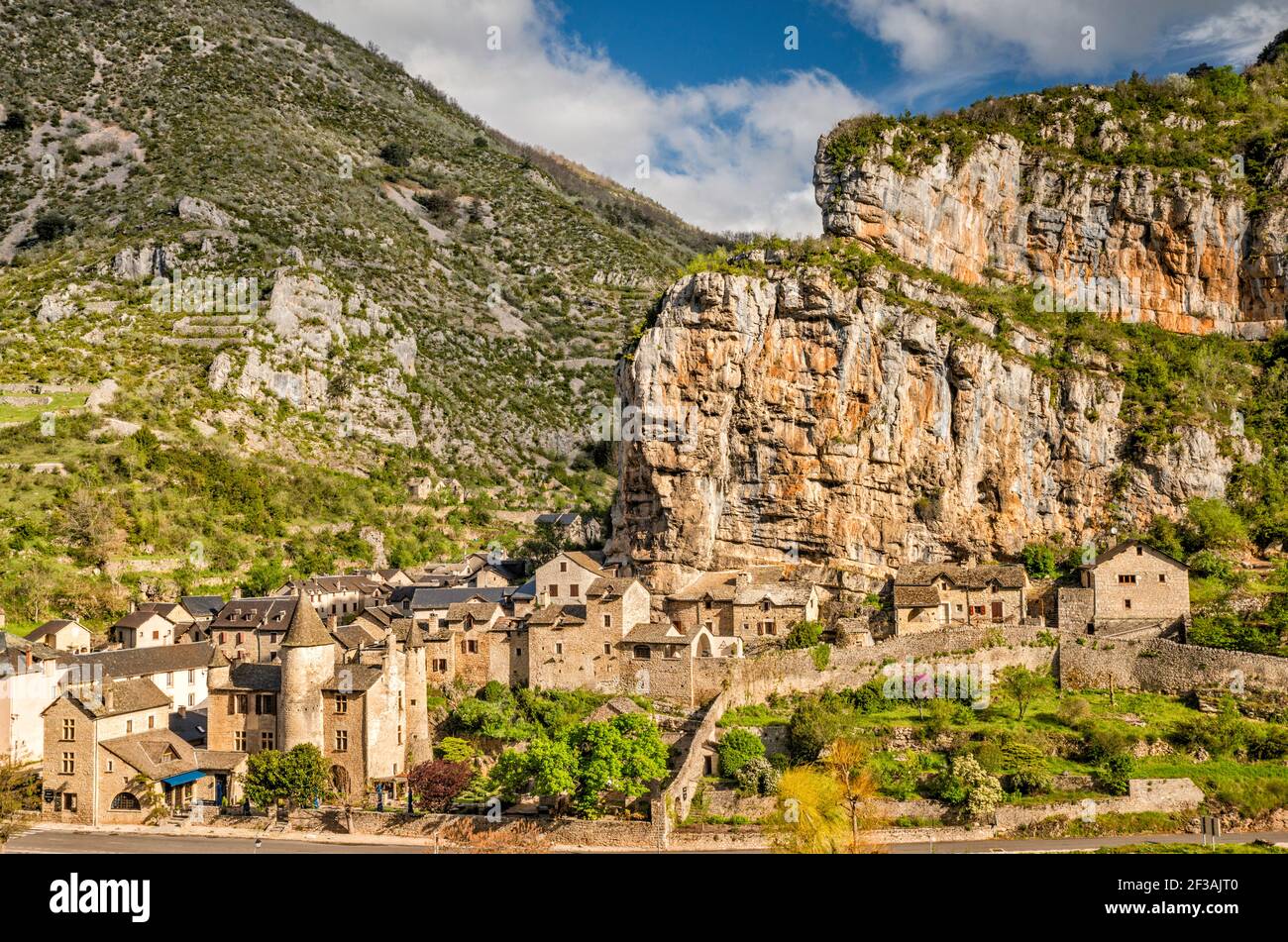 Villaggio di la Malene, fiume Tarn, Gorges du Tarn, comune al dipartimento di Lozere, regione Occitanie, Francia Foto Stock