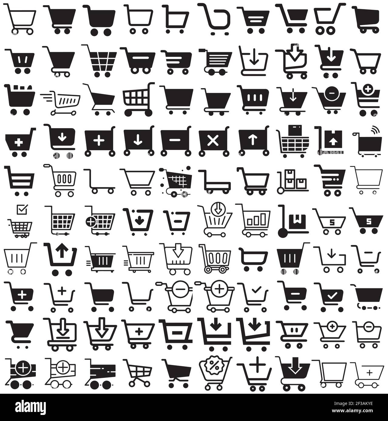 pacchetto di icone del carrello 100 per annunci pubblicitari online e app mobili. Set di icone del carrello. Illustrazione Vettoriale