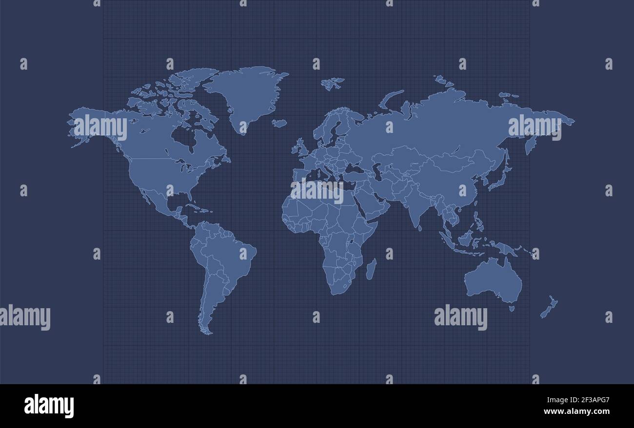 Mappa del mondo, stati individuali, infografiche blu piano disegno vuoto Foto Stock