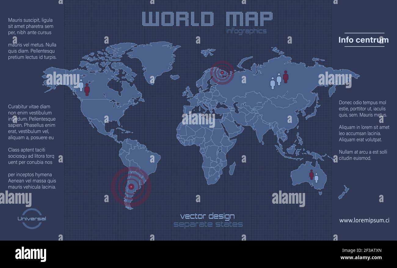 Mappa del mondo, stati individuali, vettore di disegno piatto blu infografico Illustrazione Vettoriale