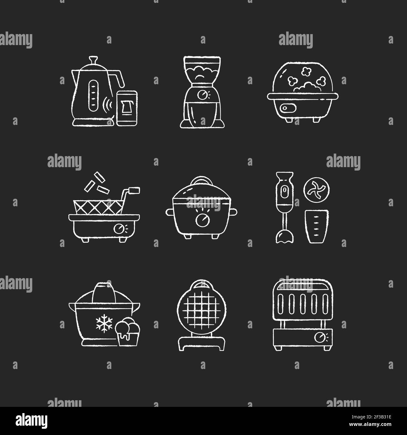 Dispositivi elettrici di cottura icone bianche gesso su sfondo nero Illustrazione Vettoriale