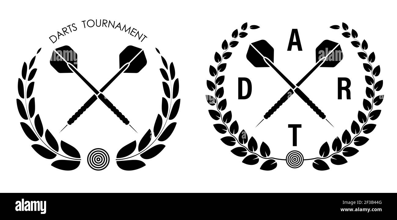 simbolo, emblema di frecce incrociate di freccette sportive con corona di alloro per la competizione. Attrezzature sportive. Stile di vita attivo. Vettore Illustrazione Vettoriale