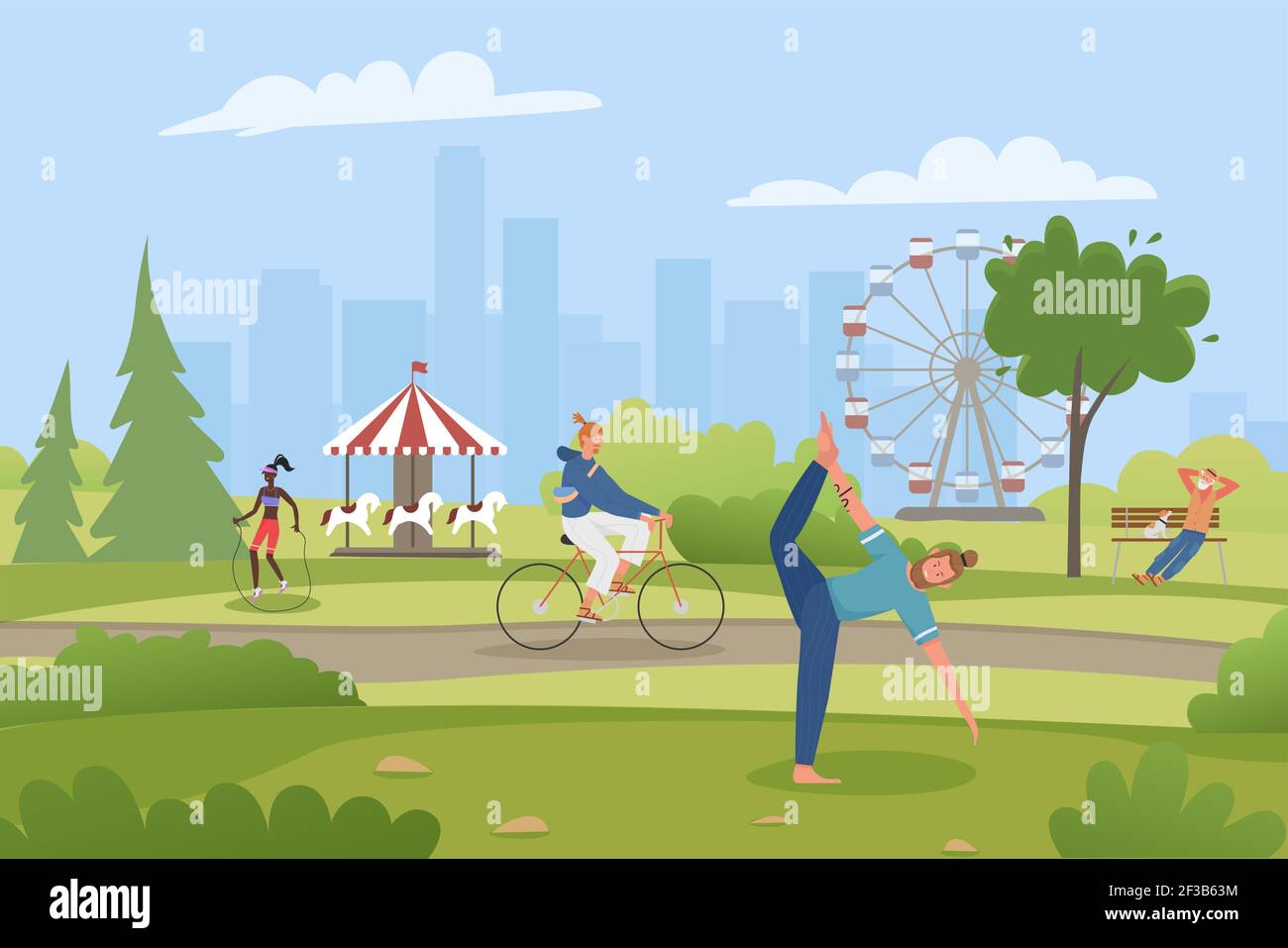 Parco divertimenti estivo con persone che riposano, in bicicletta, facendo yoga o esercizi sportivi Illustrazione Vettoriale