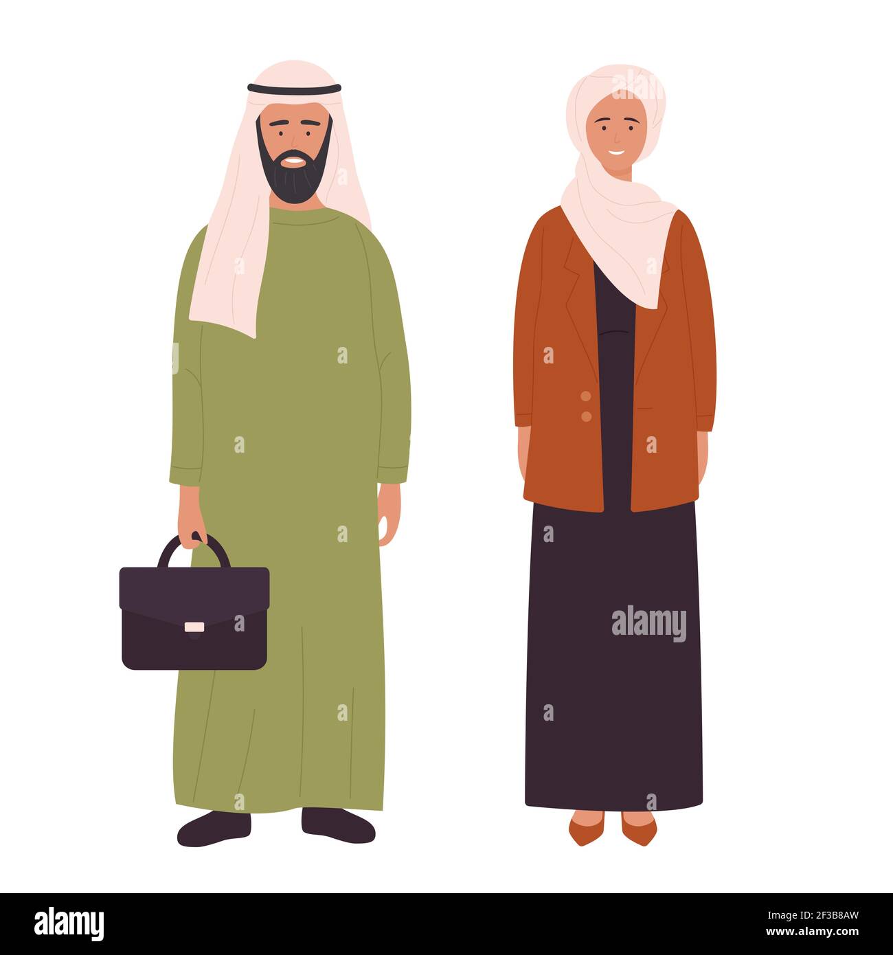 Famiglia musulmana adulta o coppie, giovane marito e moglie arabi in piedi insieme Illustrazione Vettoriale