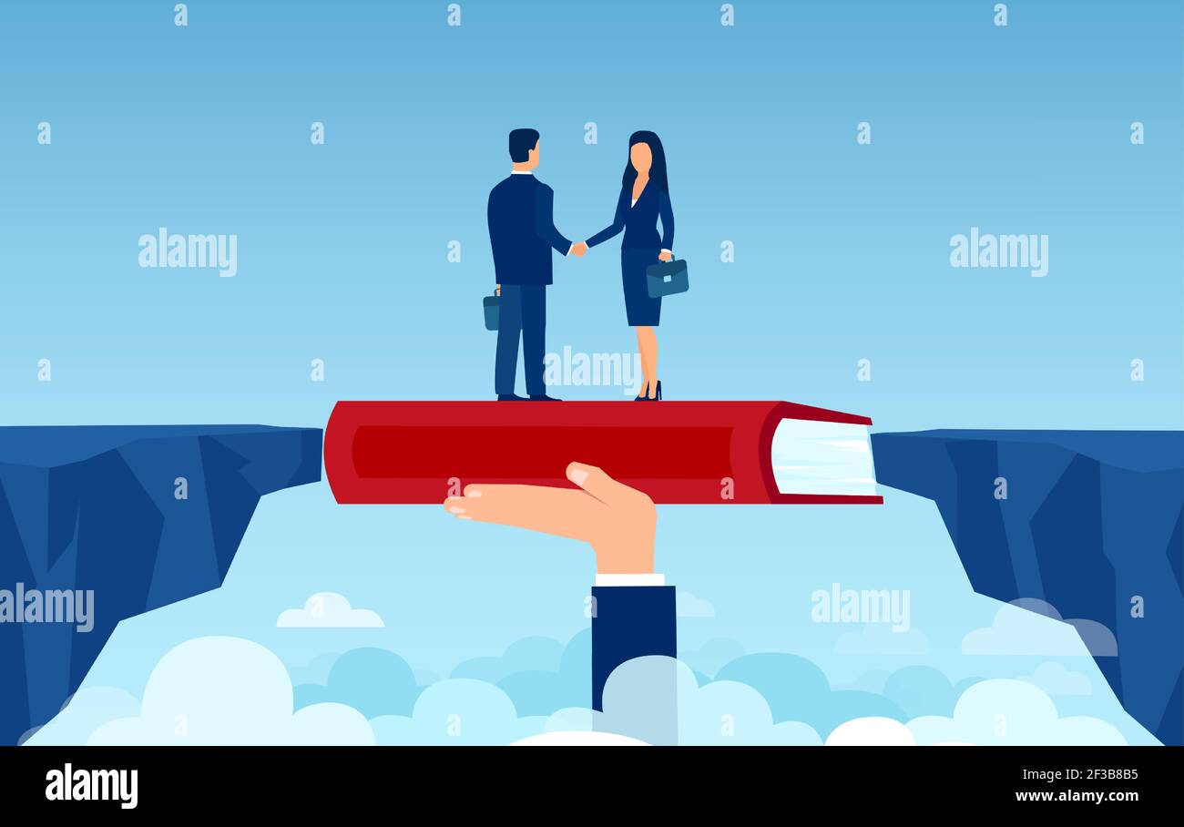 Vettore di una mano con libro che colma il divario tra un uomo d'affari e una donna d'affari Illustrazione Vettoriale