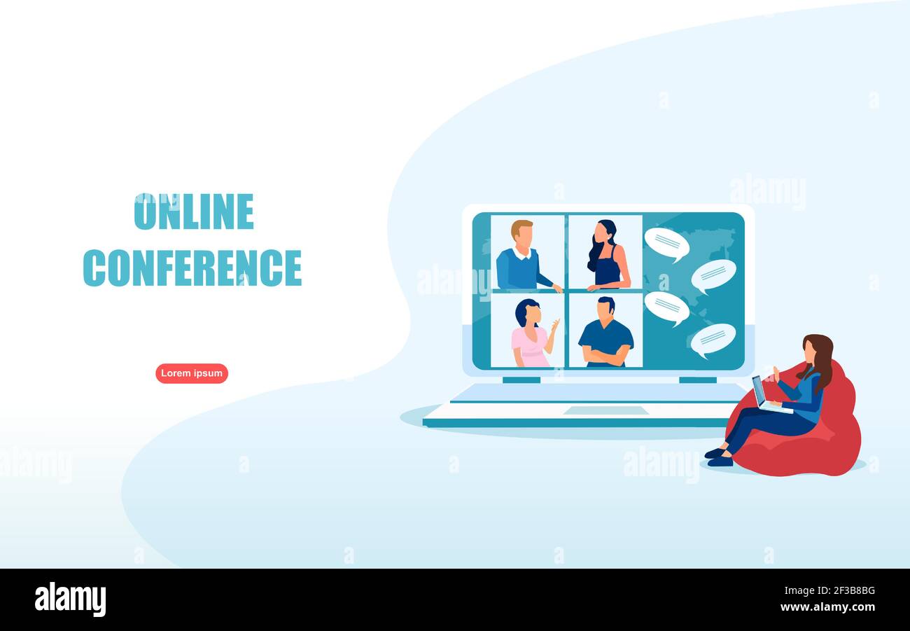 Concetto di videoconferenza. Vettore di una donna che usa il computer per una riunione online con gli amici. Illustrazione Vettoriale
