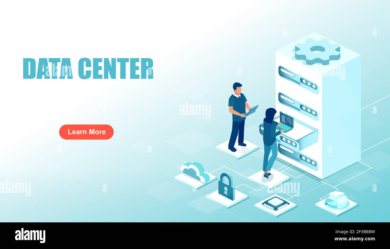 Concetto di data center. Vettore di un team di supporto tecnico che gestisce le apparecchiature server Illustrazione Vettoriale