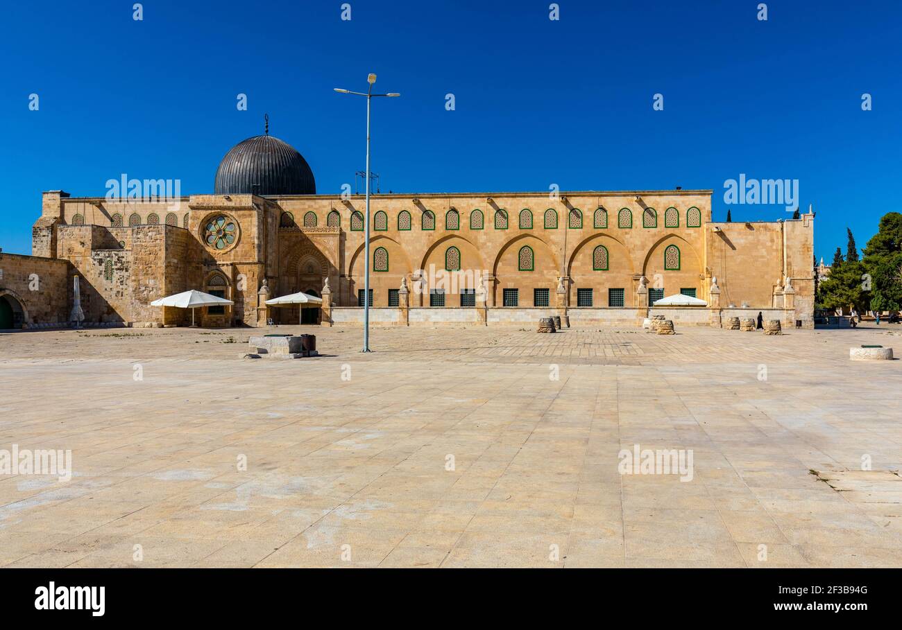 Gerusalemme, Israele - 12 ottobre 2017: Faade della Moschea di al-Aqsa luogo sacro islamico sul Monte del Tempio nella Città Vecchia di Gerusalemme Foto Stock