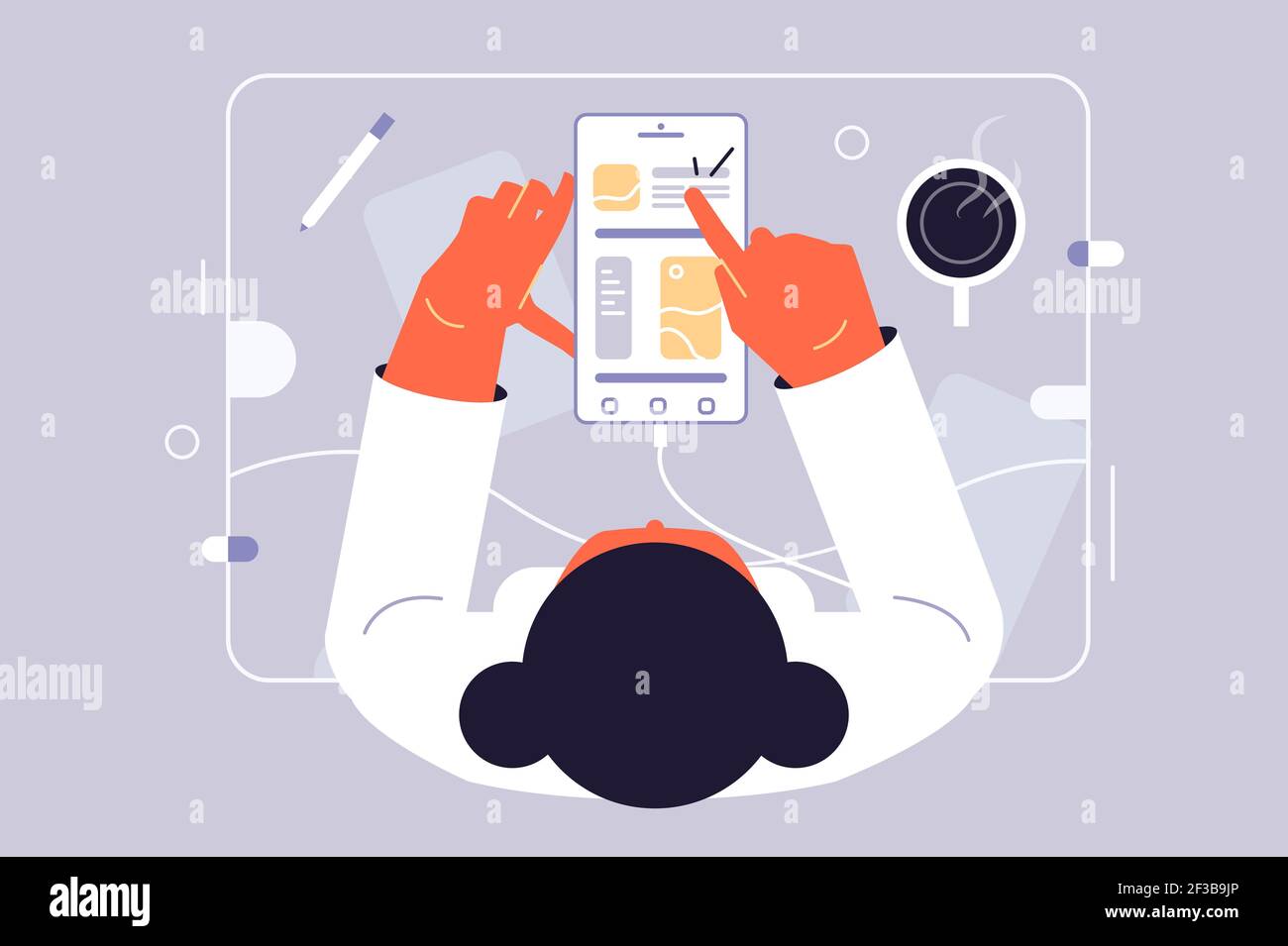 Donna guarda al telefono sul tavolo Illustrazione Vettoriale