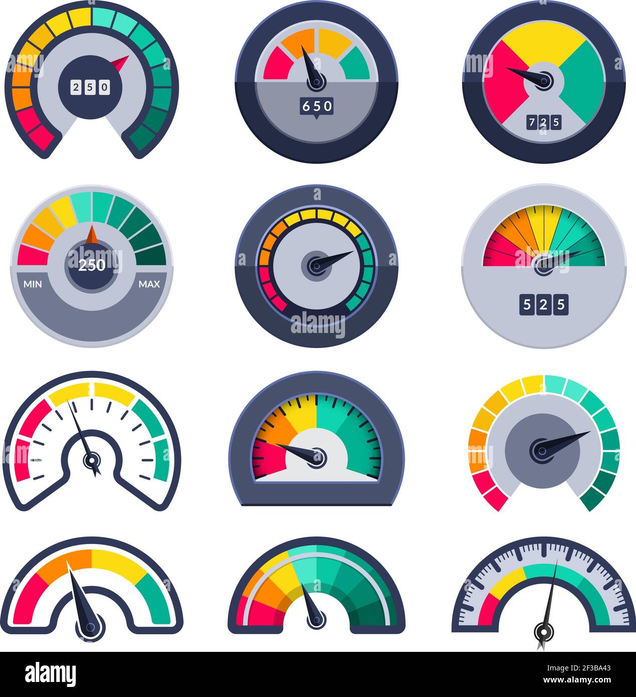 Simboli del tachimetro. Indicare gli indici del misuratore del punteggio di livello per misurare i modelli vettoriali Illustrazione Vettoriale