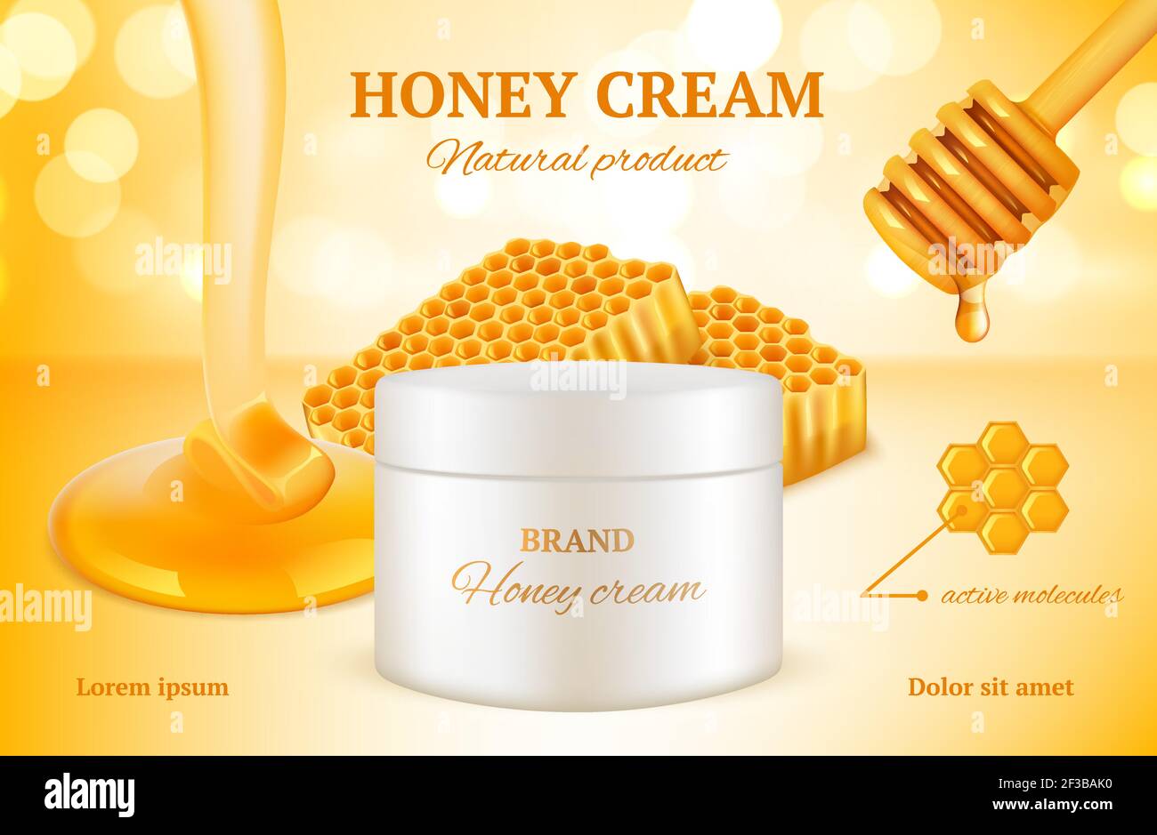 Cosmetici al miele. Natura dolce oro cura della pelle naturale prodotto pubblicità pacchetti donna cosmetico vettore nido d'ape Illustrazione Vettoriale
