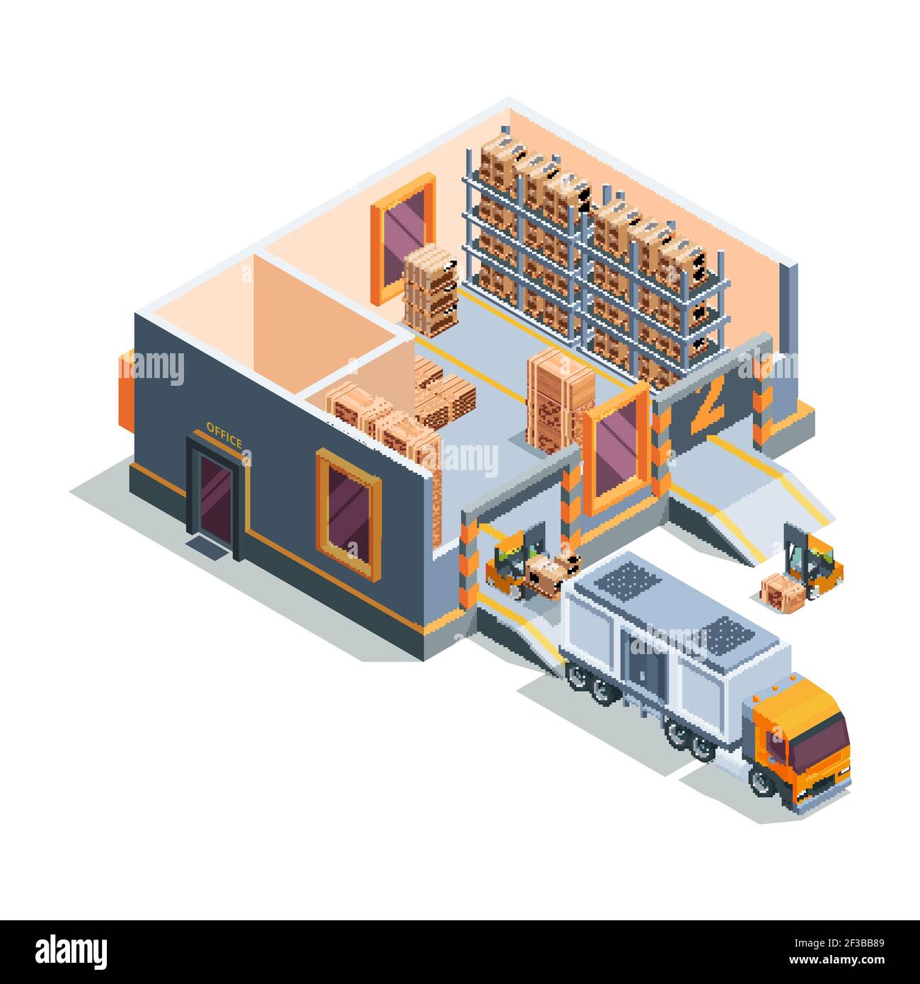 Isometrica magazzino. Grandi magazzini macchine carrelli elevatori trasporto e carico camion magazzino costruzione sezione trasversale vettore Illustrazione Vettoriale