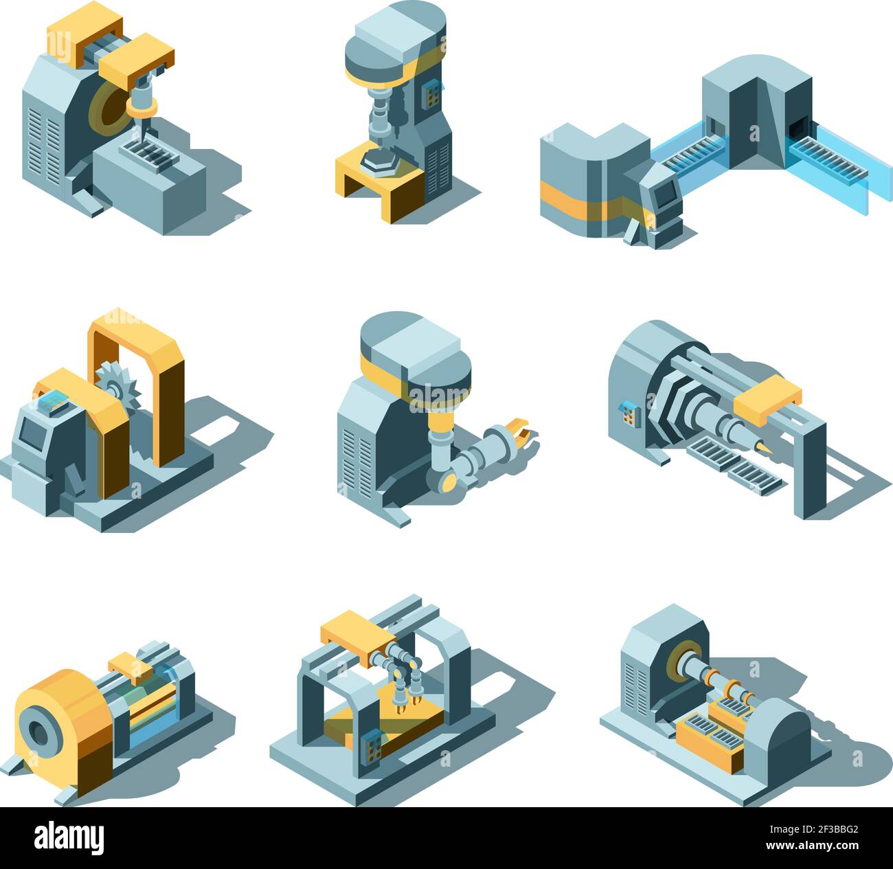 Macchine industriali. Produzione macchinari lavorazione attrezzature smerigliatrice gru sega vettore industria pesante immagini isometriche Illustrazione Vettoriale