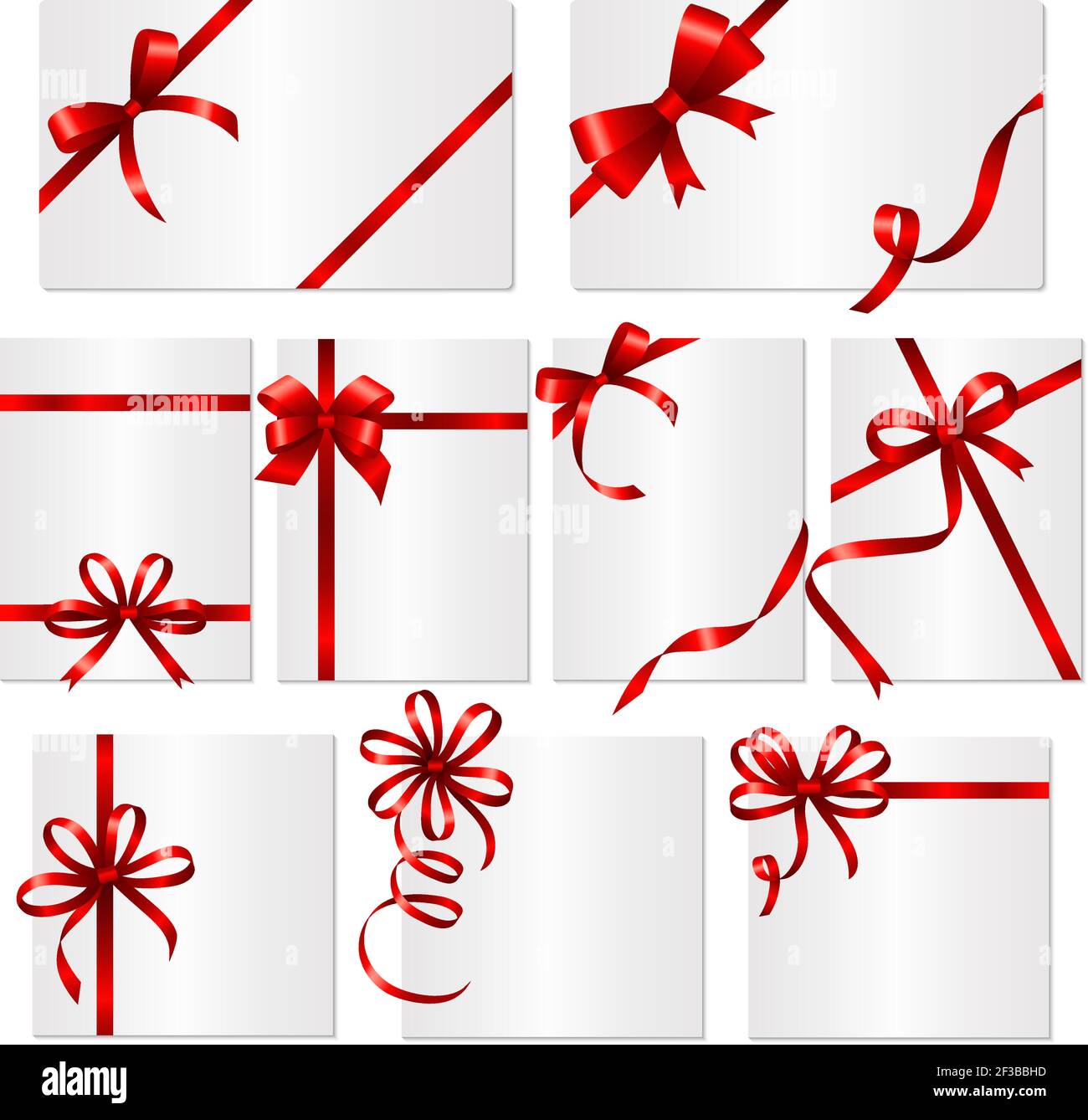 Nastri carte regalo. Cornici o striscioni con nastri di seta rossa e modello vettoriale di archi Illustrazione Vettoriale