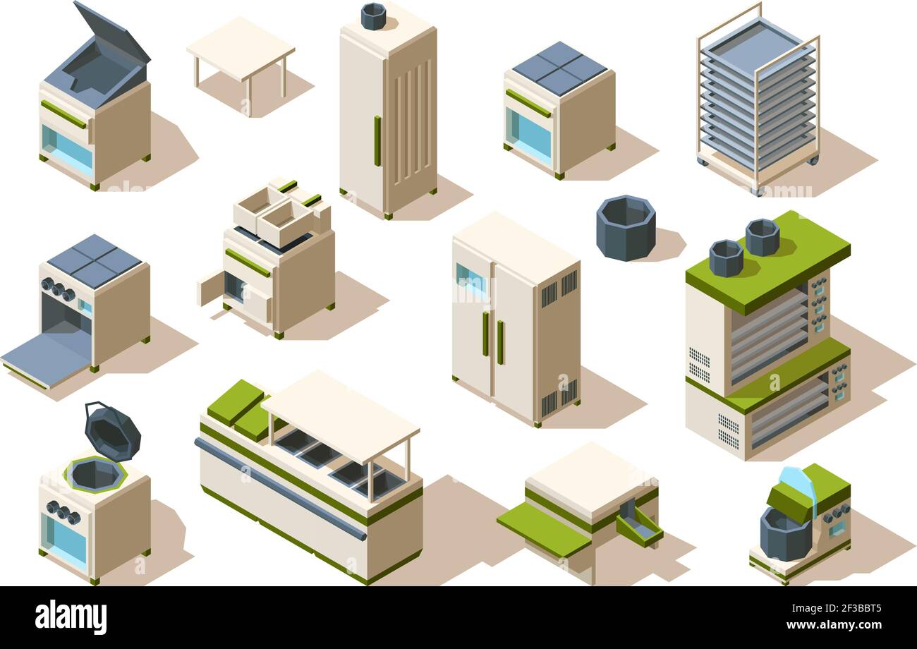 Attrezzature da forno. Mobili da cucina per ristoranti tavoli da cucina in acciaio superfici forni industriali utensili da forno frigorifero vettore isometrico. Attrezzatura per Illustrazione Vettoriale