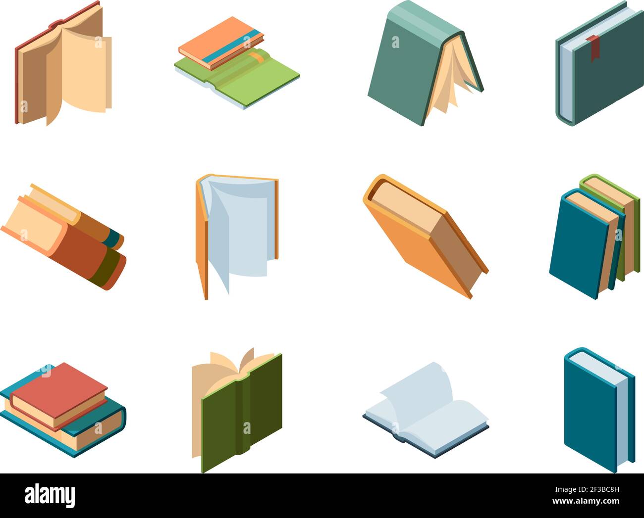 Libri isometrici. Simboli della biblioteca oggetti della scuola riviste di diario aperte e chiuse e libri collezione vettoriale Illustrazione Vettoriale