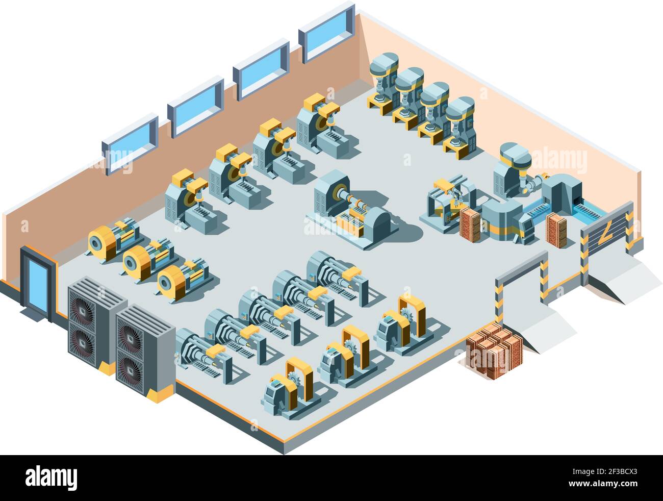 Edificio industriale. Isometrica fabbrica interni macchine in acciaio pesante meccanica produzione attrezzature ingegneristiche vettore Illustrazione Vettoriale