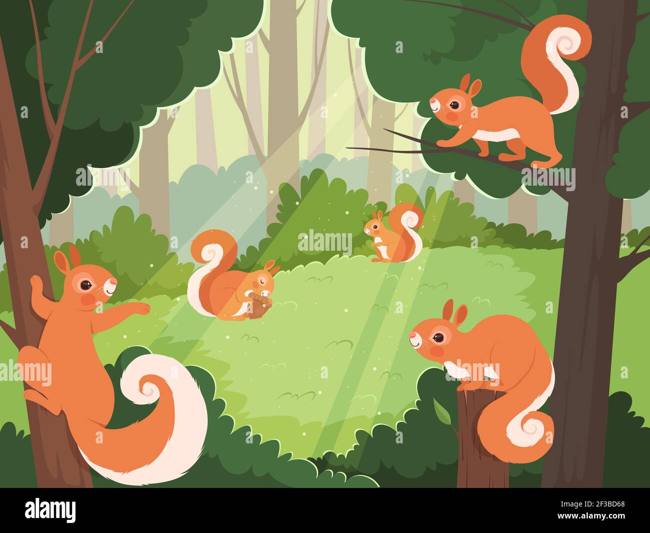 Scoiattolo in foresta. Animali selvatici che giocano in alberi vettore sfondo cartoon Illustrazione Vettoriale