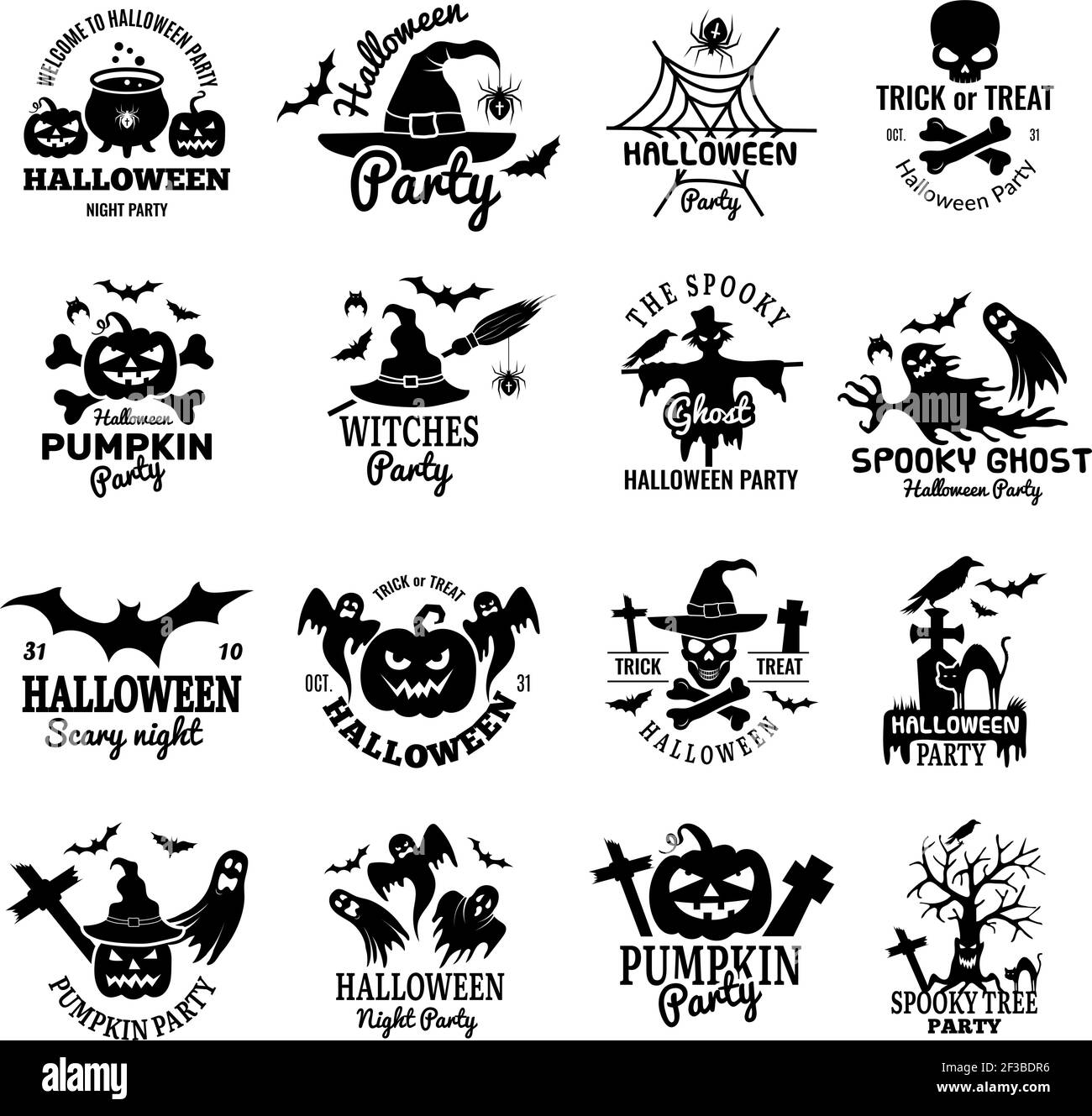 Simboli di Halloween. Collezione di logo spaventoso badge horror cranio di zucca e ossa fantasma modello di disegno vettoriale Illustrazione Vettoriale