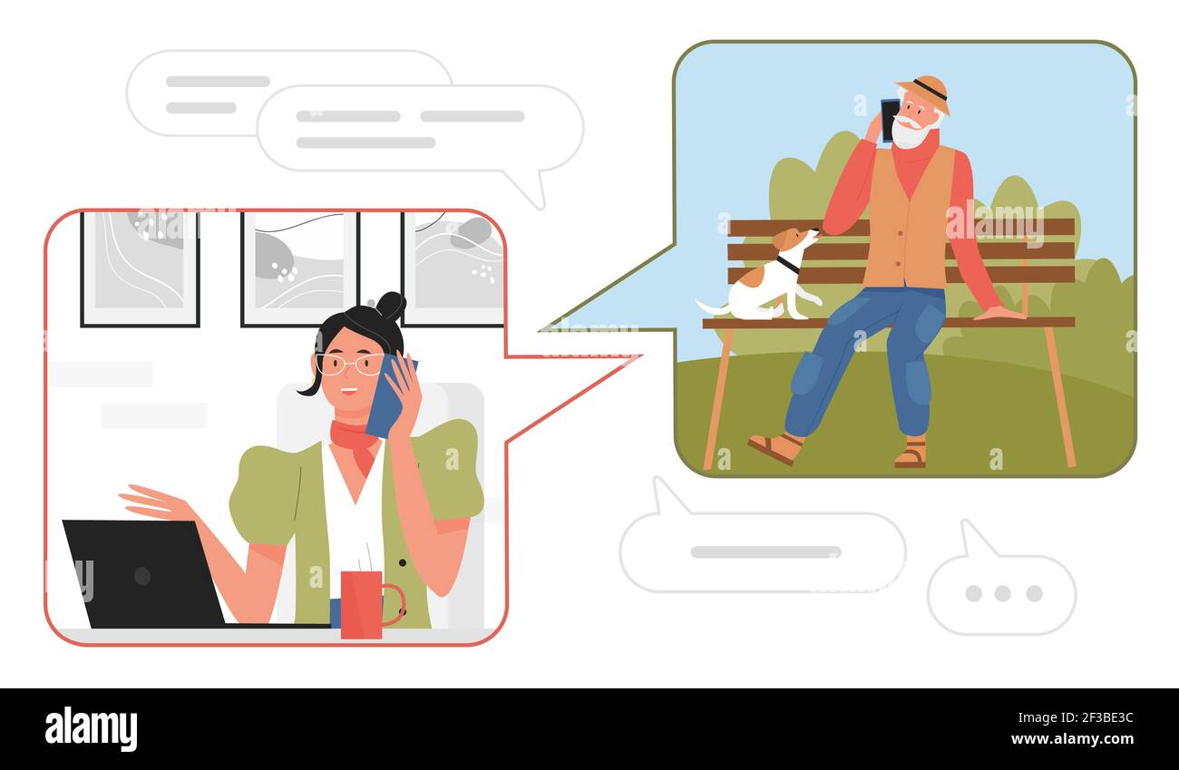 Giovane donna che parla con il vecchio padre concetto di chat di chiamata in linea Illustrazione Vettoriale