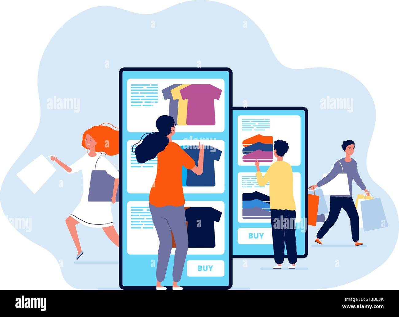 Shopping online. La gente che acquista i prodotti nel deposito di fotoricettore e commercio smartphone che paga il concetto del vettore Illustrazione Vettoriale