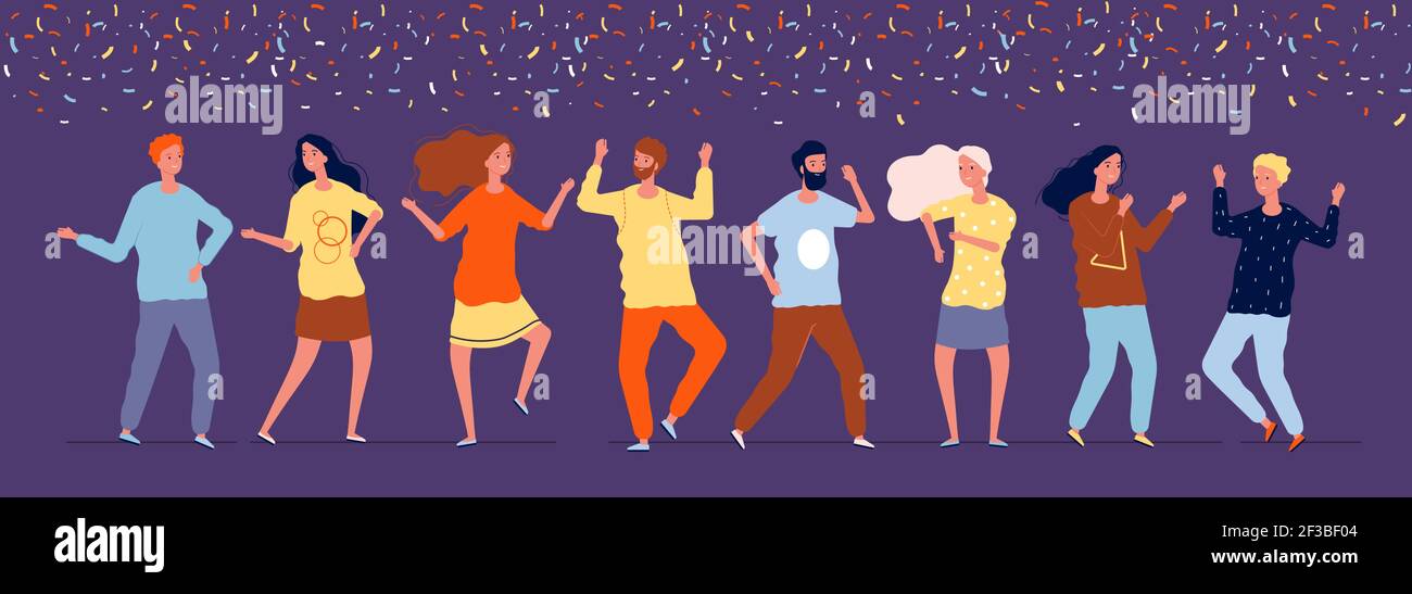 Ballerini felici. Festa notturna persone che ballano sotto confetti foto vettoriali vacanza aziendale Illustrazione Vettoriale