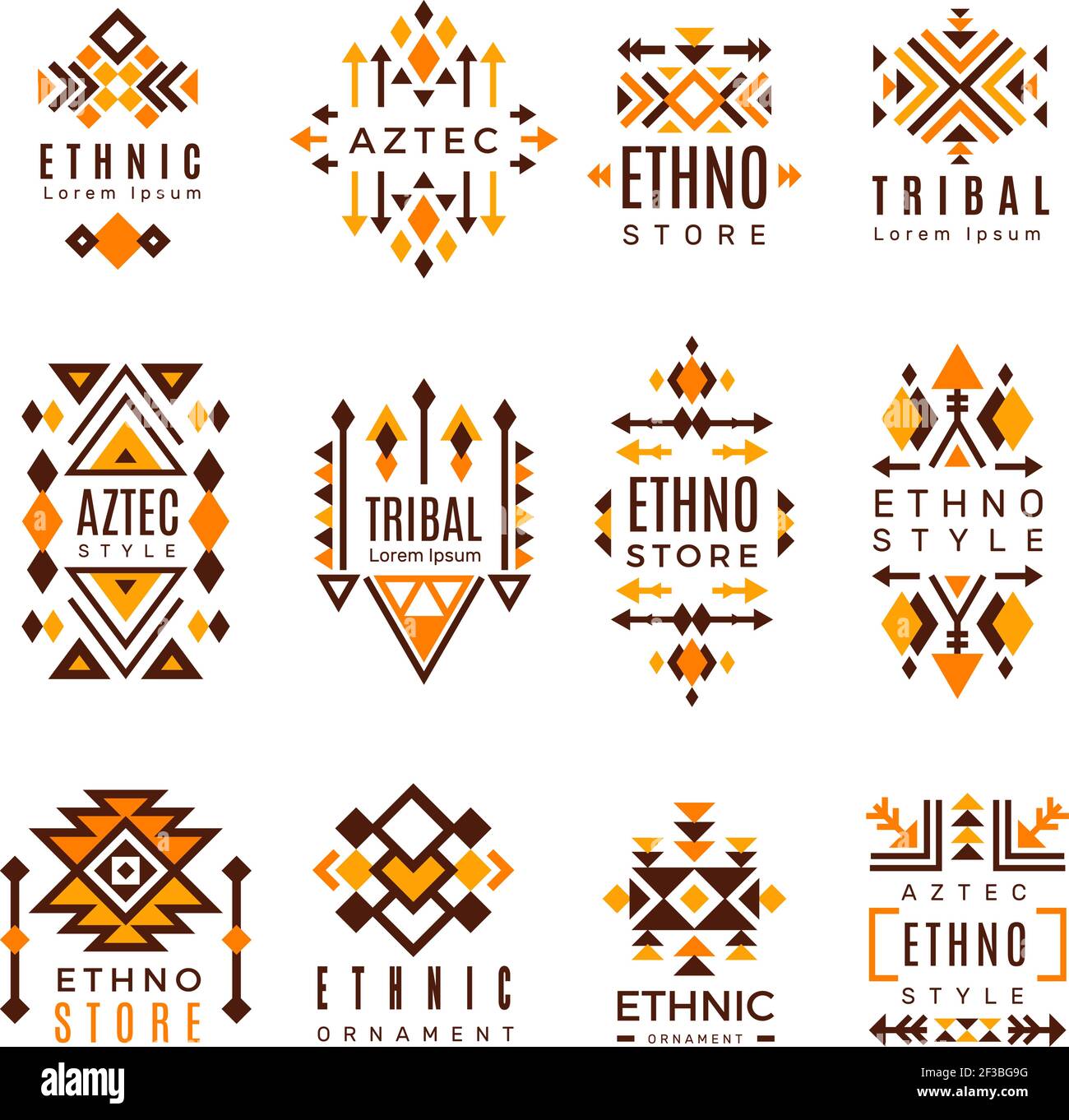 Logo etnico. Simboli tribali alla moda forme geometriche elementi vettoriali messicani decorativi indiani Illustrazione Vettoriale