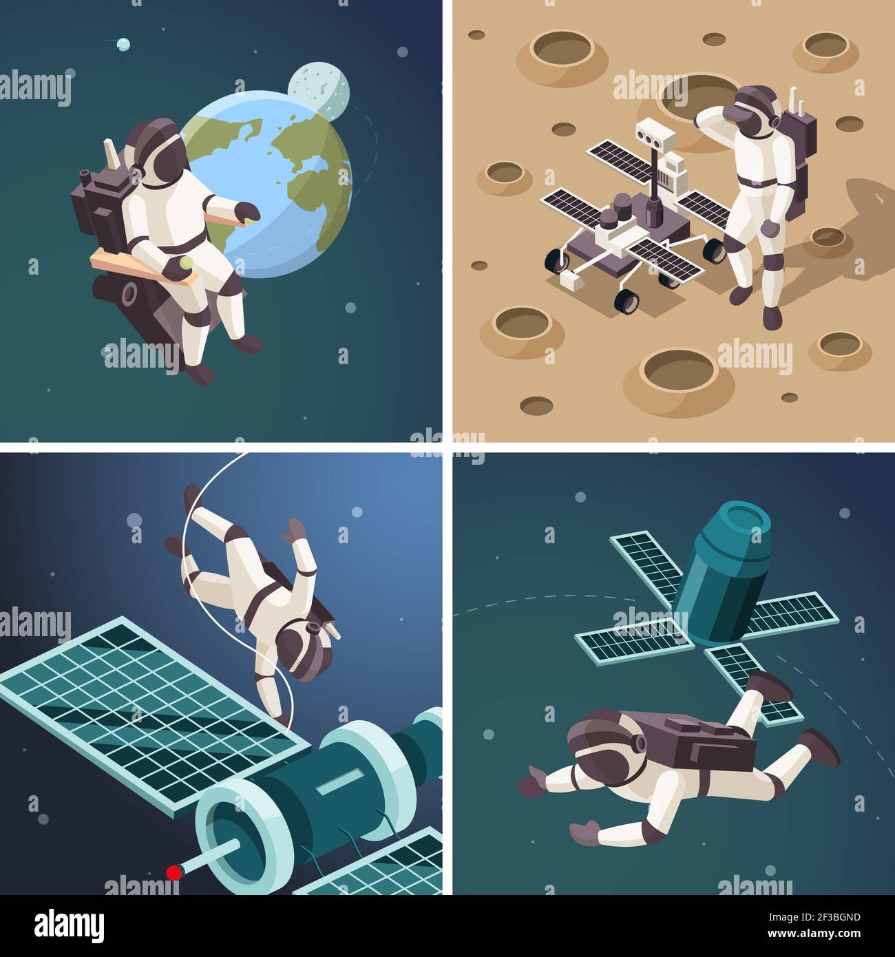 Illustrazioni spazio. Astronauti pianeta esterno superficie spazio orbita fluttuante astronave scoperta universo vettore isometrico sfondi Illustrazione Vettoriale