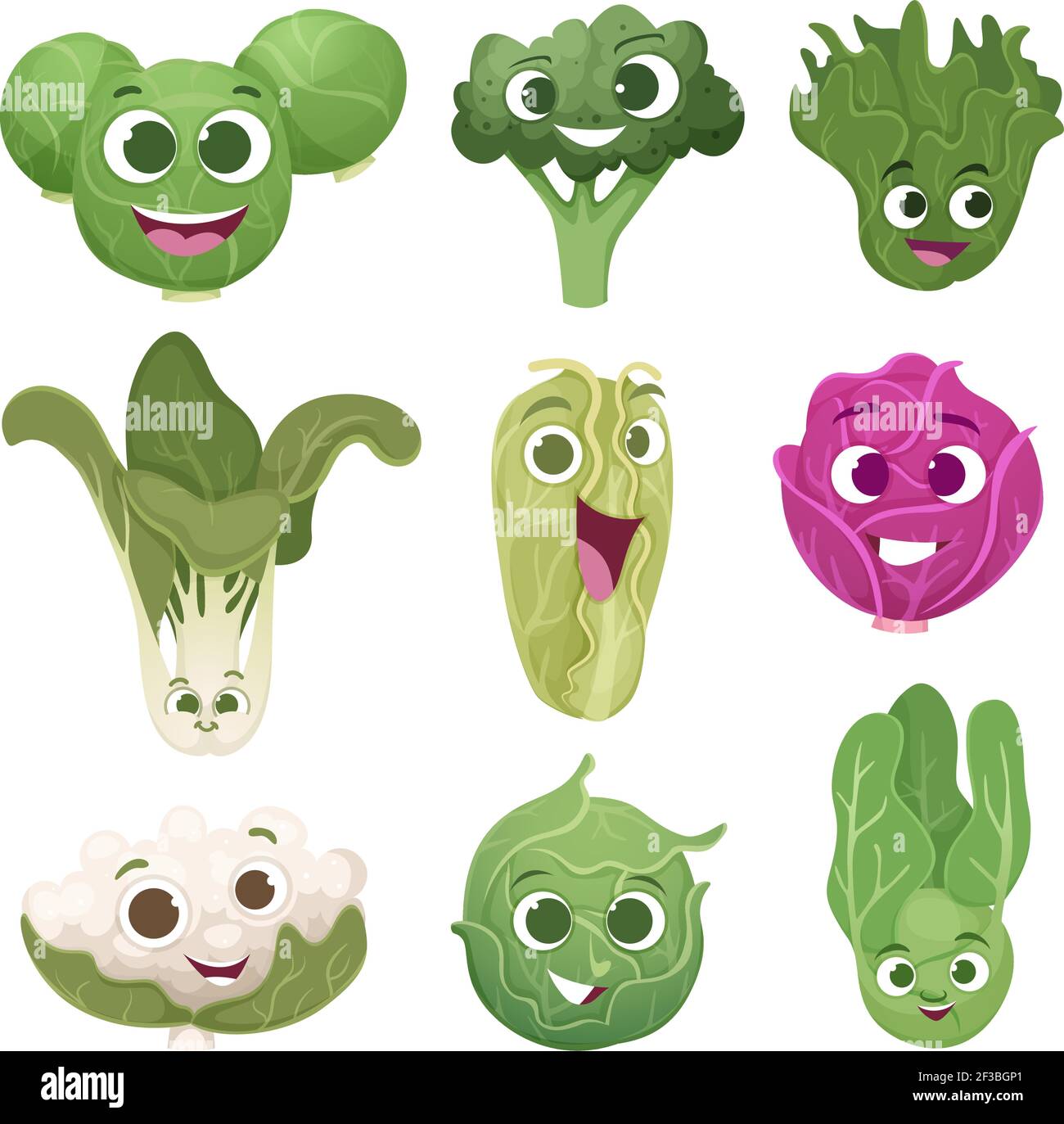 Caratteri di cavolo. Fumetti vegetali con occhi e sorriso faccia eco verde cibo mascotte raccolta vettoriale Illustrazione Vettoriale