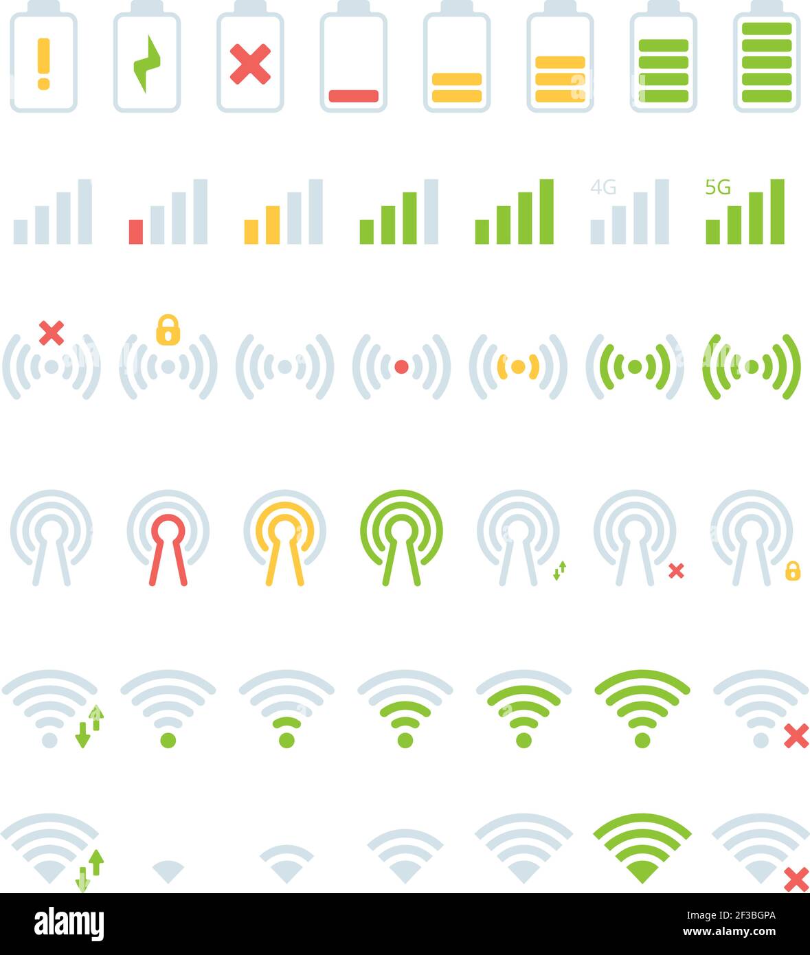 Icona della barra di stato del dispositivo mobile. Livelli della batteria GSM connessione wi-fi raccolta di simboli di interfaccia utente vettoriale colorati da 5g Illustrazione Vettoriale
