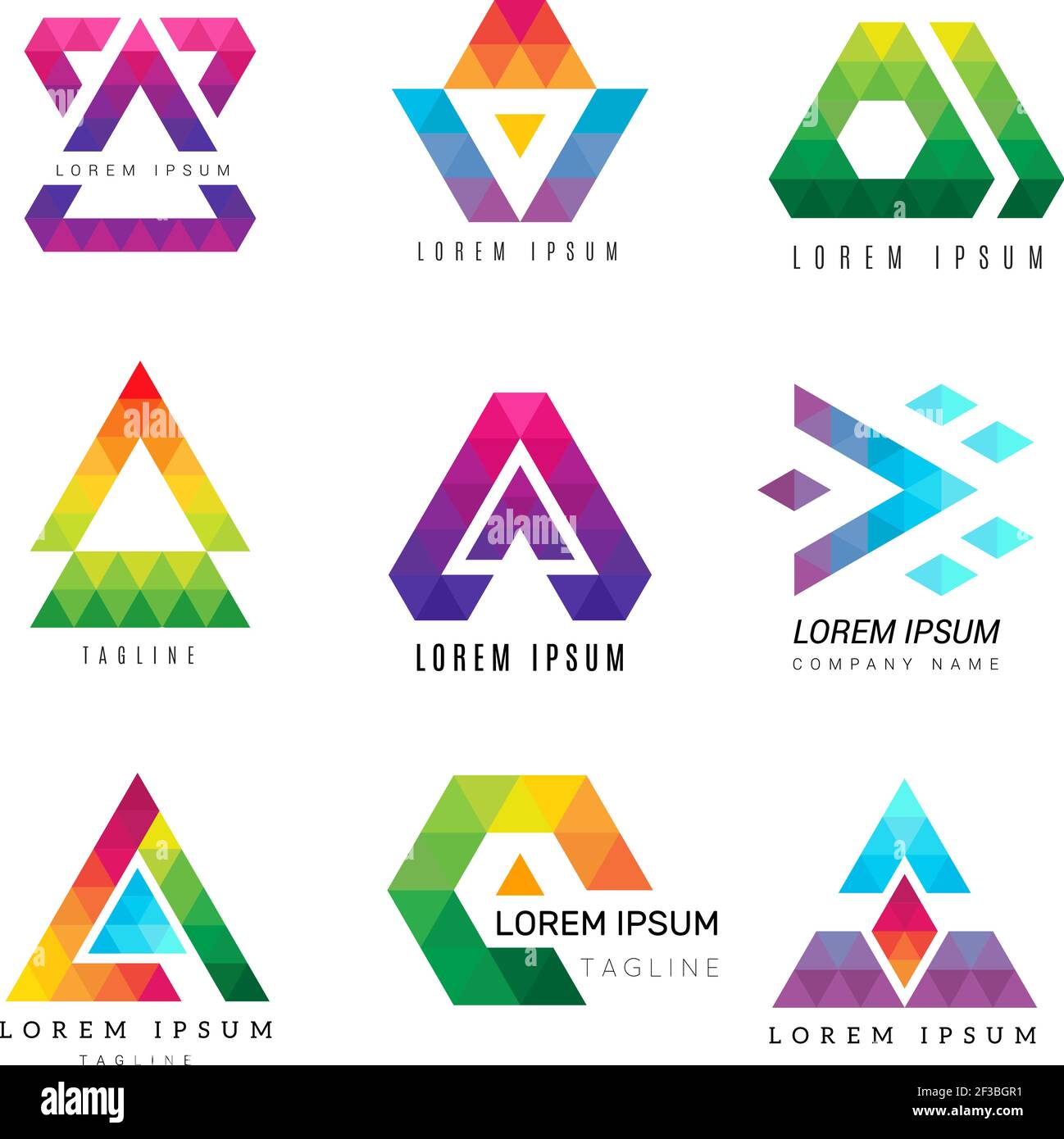 Logo triangolare poligonale. Business colorato identità simboli astratti poligoni grafica vettoriale ornamentale Illustrazione Vettoriale