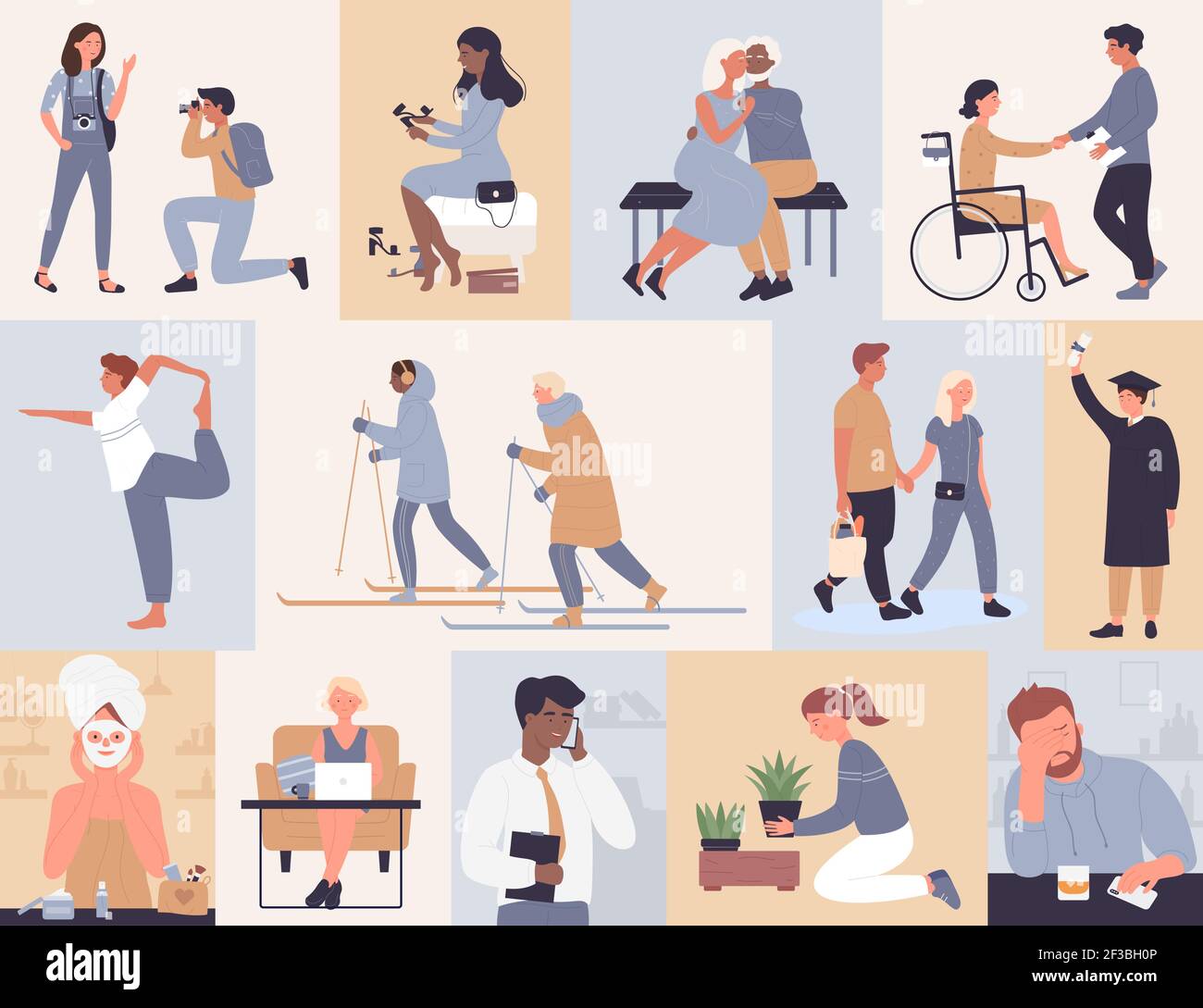 Persone in lavoro sport studio set, uomo donna sci stretching shopping dating lavoro Illustrazione Vettoriale