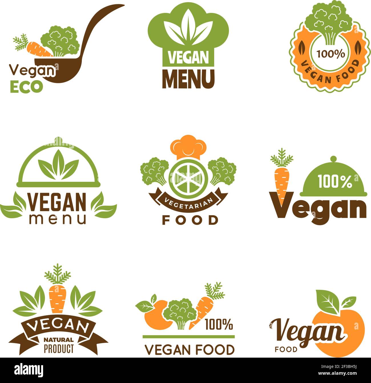 Logo vegan. Cibo sano vegetariano ecologia emblema naturale stile di vita simboli collezione vettoriale Illustrazione Vettoriale