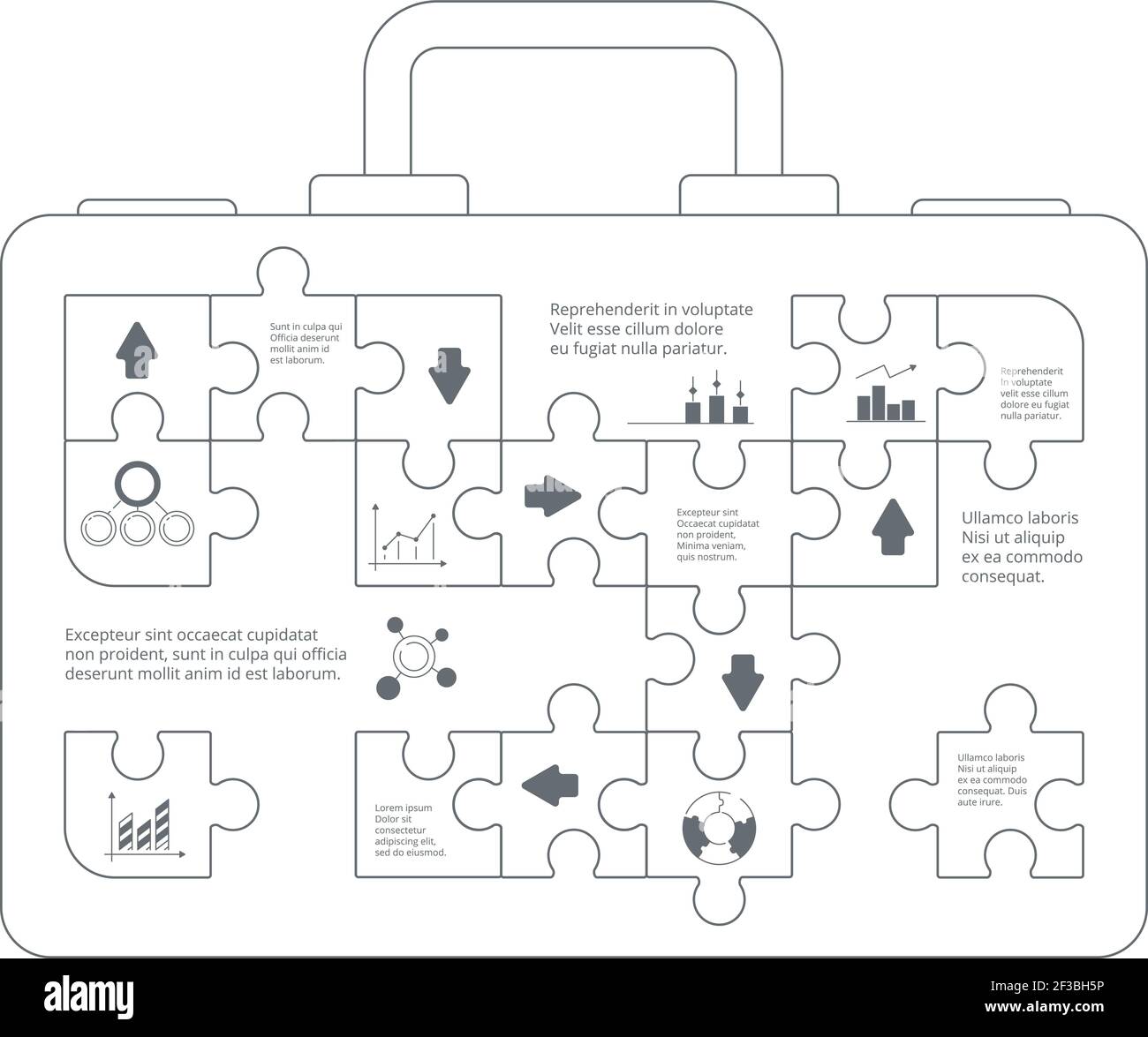 Infografica aziendale. Caso con forme di puzzle pubblicità concetto idea di successo punti vettore di sfondo puzzle Illustrazione Vettoriale