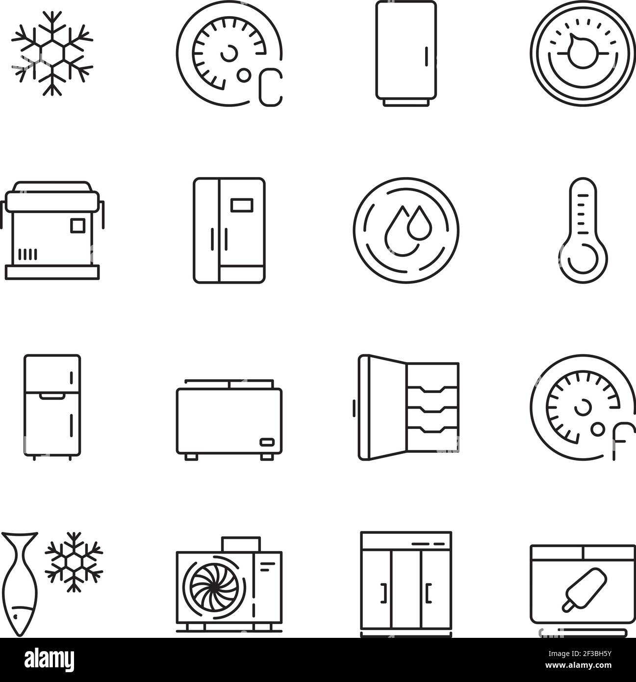 Icona frigoriferi. Congelatore commerciale frigorifero domestico compatto freddo aperto simboli vettoriali chiusi Illustrazione Vettoriale