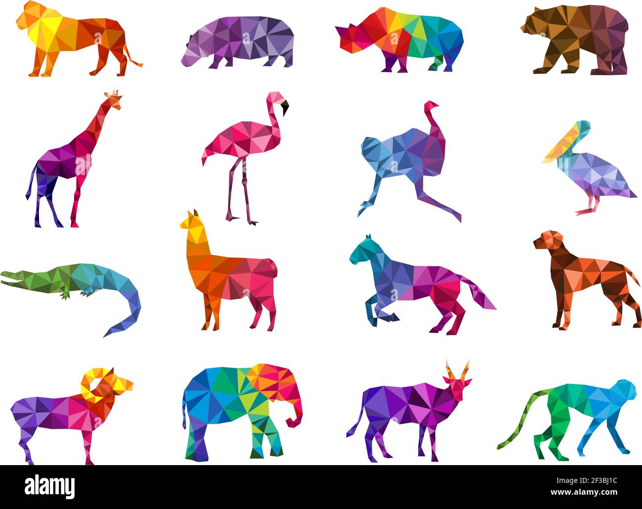 Poly animali bassi. Sagome geometriche triangolari forma colorati animali zoo origami immagini vettoriali Illustrazione Vettoriale