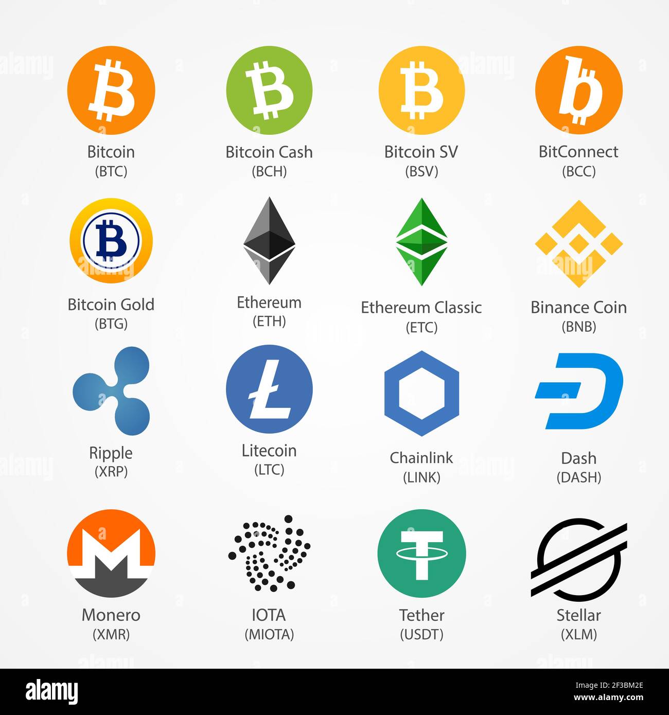 Nove icone vettoriali di criptovaluta più diffuse. Simboli di criptovaluta isolati su sfondo bianco. Illustrazione Vettoriale
