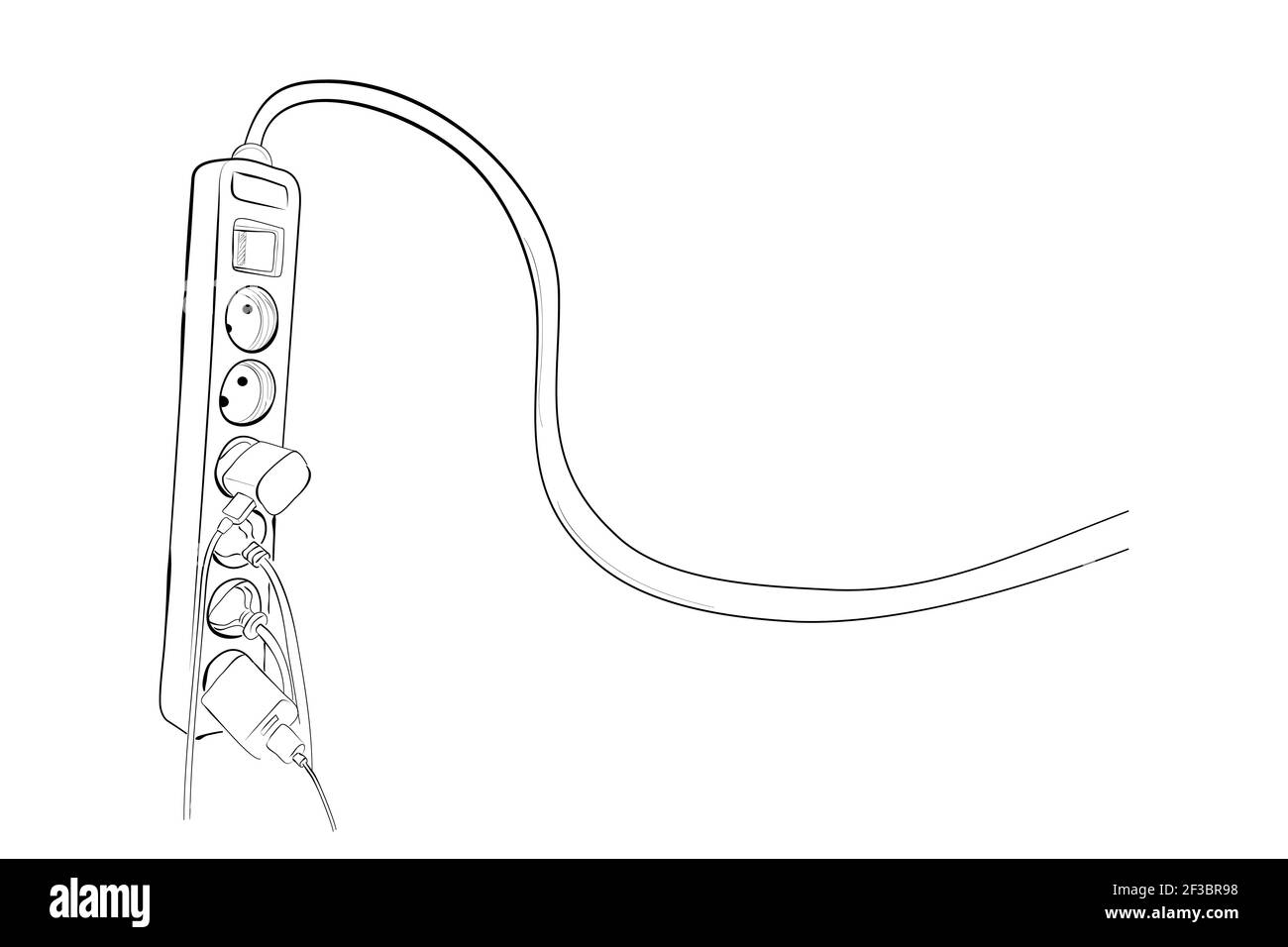 Disegno a mano vettoriale schizzo, Ilustarion modo sicuro di utilizzare la prolunga del cavo elettrico, con il caricabatteria per smartphone e altro cavo del dispositivo collegato Illustrazione Vettoriale