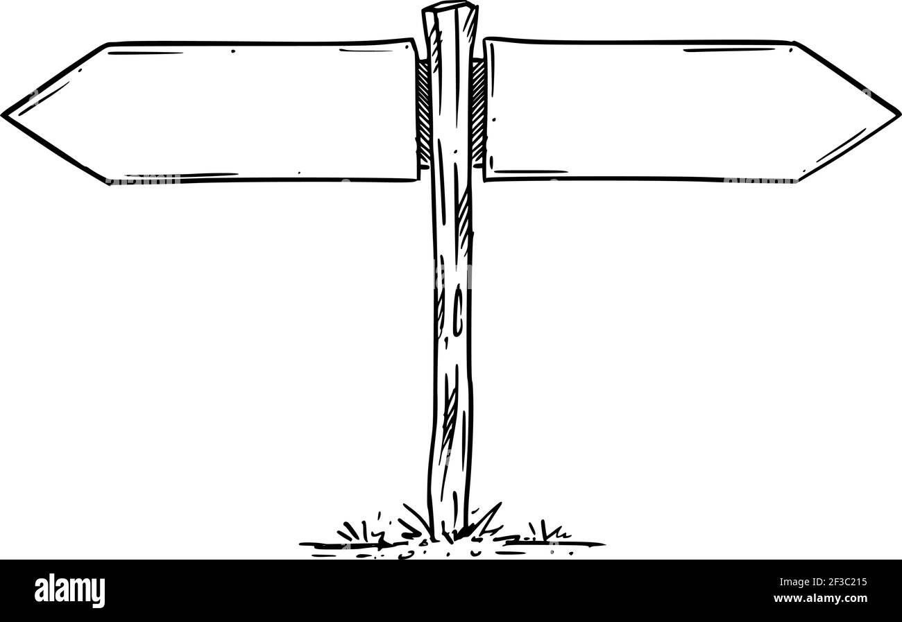 Cartello di direzione in legno vuoto, freccia sinistra e destra. Disegno a mano e illustrazione Illustrazione Vettoriale